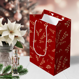 Elegantes rotes und goldenes Folien-Botanikmuster Mittlere Geschenktüte