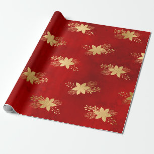 Elegantes rotes und goldenes Weihnachtsblumenmuste Geschenkpapier
