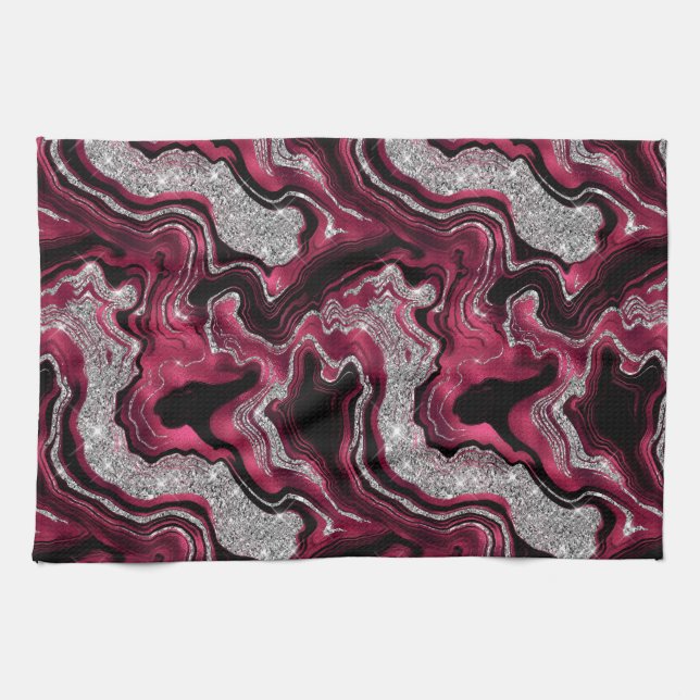 Elegantes rotes und silbernes Glitter-Achat-Muster Geschirrtuch (Horizontal)