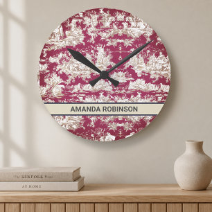 Elegantes rotes Vintage-Französisches Toile de Jou Runde Wanduhr