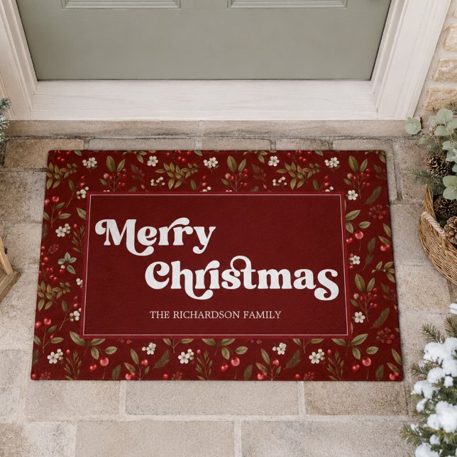 Elegantes rotes Weihnachten Fußmatte (elegant retro vintage red botanical merry christmas typography doormat with custom family name)