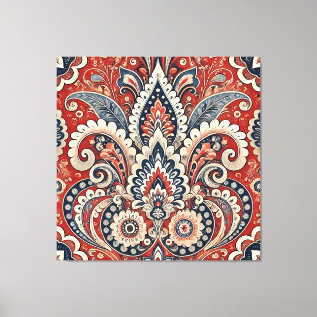 Elegantes rotes, weißes und blaues Paisley-Muster Leinwanddruck (Vorderseite)