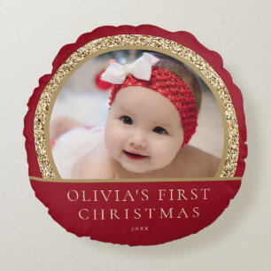 Elegantes Rotgold Baby's 1. Weihnachtsfoto Rundes Kissen