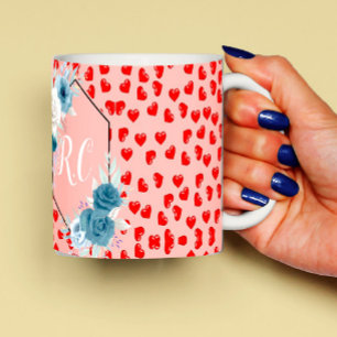 Elegantes Rotherzenmuster auf rosa mit Monogramm Kaffeetasse