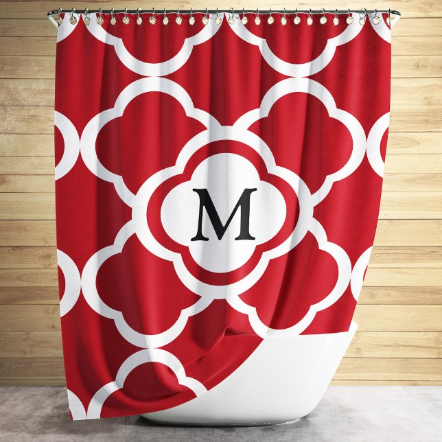 Elegantes Rotquatrefolienmonogramm Duschvorhang (Elegant Red Quatrefoil Monogram Shower Curtain)