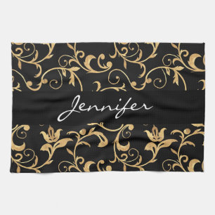 Elegantes Royal Black and Gold Damask Küchentuch