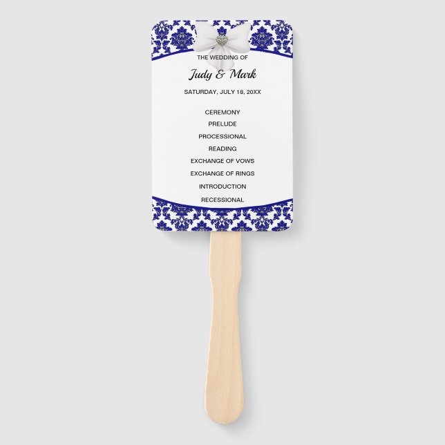 Elegantes Royal Blue Damask Hochzeitsprogramm Fächer (Vorderseite)