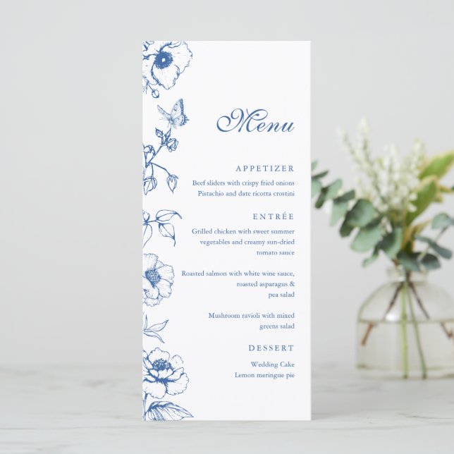Elegantes Royal Blue Floral Garden Wedding Flat Me Menükarte (Stehend Vorderseite)