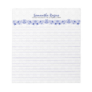 Elegantes Royal Blue Floral Lace und weiße Damasku Notizblock