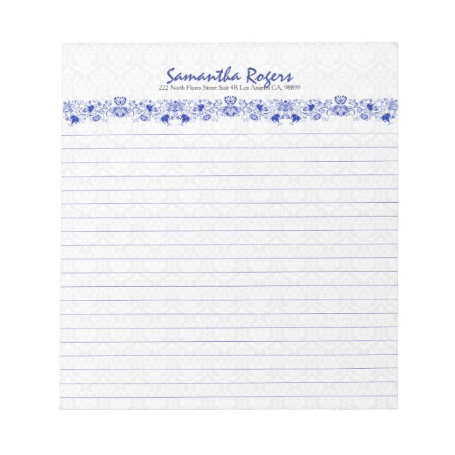 Elegantes Royal Blue Floral Lace und weiße Damasku Notizblock (Vorderseite)
