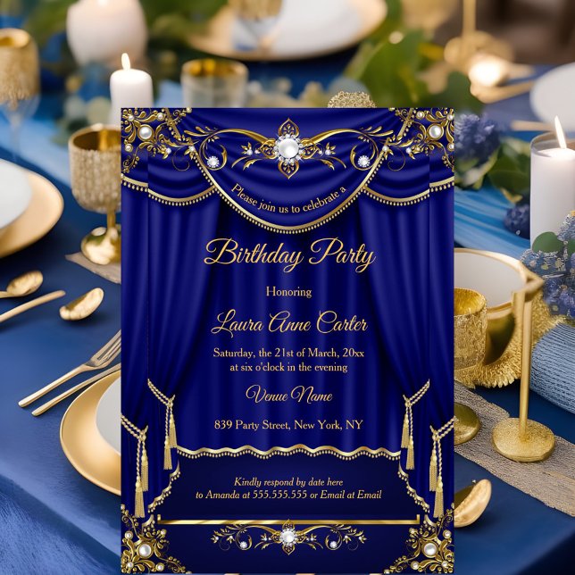 Elegantes Royal Blue Gold Pearl Drapes Party Einladung (Von Creator hochgeladen)