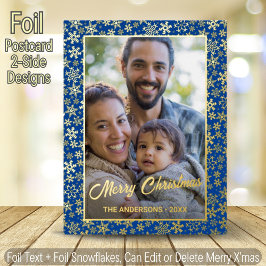 Elegantes Royal Blue Gold Snowflakes Custom Foto Folien Feiertagspostkarte