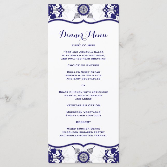 Elegantes Royal Blue Medallion Pattern Dinner Menu Menükarte (Vorderseite)