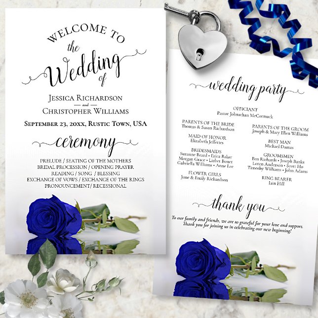 Elegantes Royal Blue Rose Budget Hochzeitsprogramm (In Situ Front and Back)