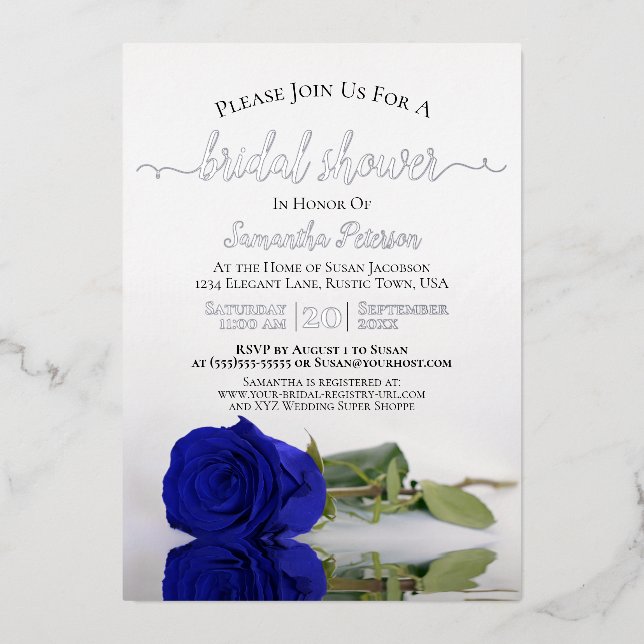 Elegantes Royal Blue Rose & Silver Brautparty Folieneinladung (Vorderseite)