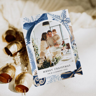 Elegantes Royal Blue Watercolor Foto Feiertagskarte