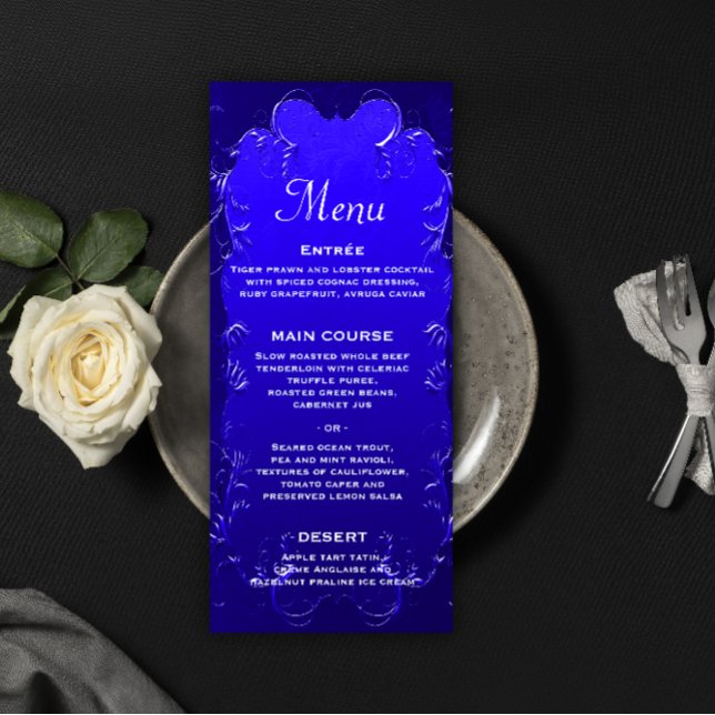 Elegantes Royal Blue Wedding Reception Menu Menükarte (Von Creator hochgeladen)