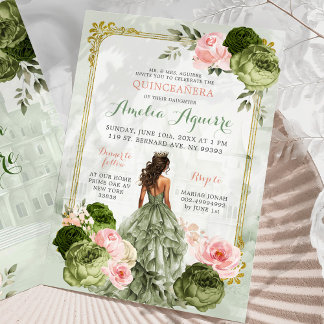 Elegantes Royal Castle Blush Pink Sage Green 15 Añ Einladung