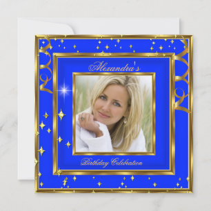 Elegantes Royal Cobalt Blue Gold Foto Geburtstag Einladung