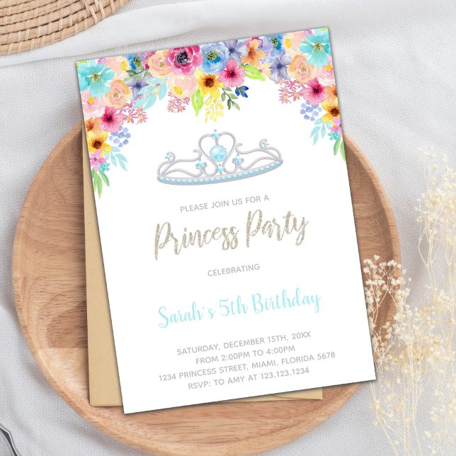 Elegantes Royal Party für Girls Einladung (Silver Crown Floral Princess Birthday Invitations)