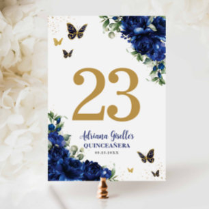 Elegantes Royalblau Florales Gold Quinceañera Swee Tischnummer