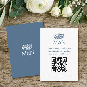Elegantes RSVP Hochzeitsmonogramm QR Code Blau Wei Begleitkarte