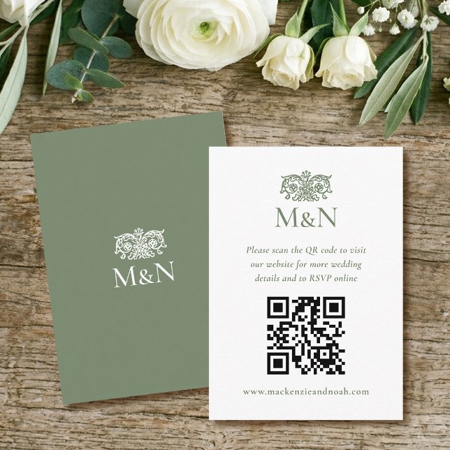 Elegantes RSVP Hochzeitsmonogramm QR Code Grün Begleitkarte (Von Creator hochgeladen)