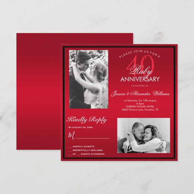 Elegantes Ruby 40. Hochzeitliches Doppel-Foto Einladung (Vorne/Hinten)