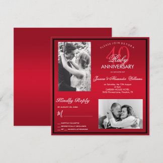 Elegantes Ruby 40. Hochzeitliches Doppel-Foto Einladung