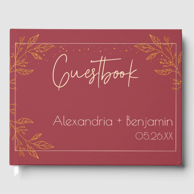Elegantes Ruby & Gold Floral Wedding Guest Book Gästebuch (Vorderseite)