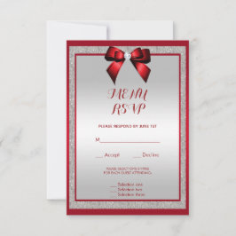 Elegantes Ruby Red & Silver Glitzer Wedding Menu RSVP Karte