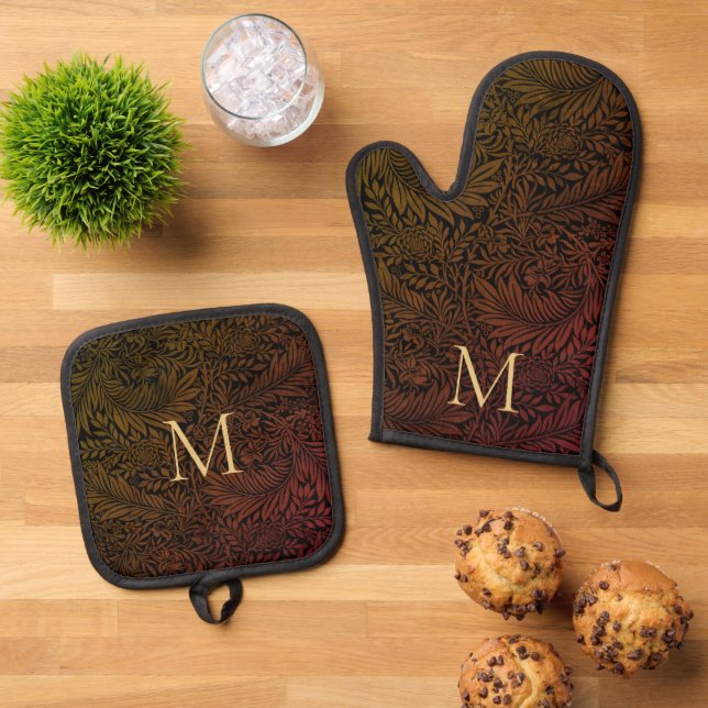Elegantes Rust Orange Gold Floral Script Monogram Ofenhandschuh & Topflappen-Set (Oben Unten)