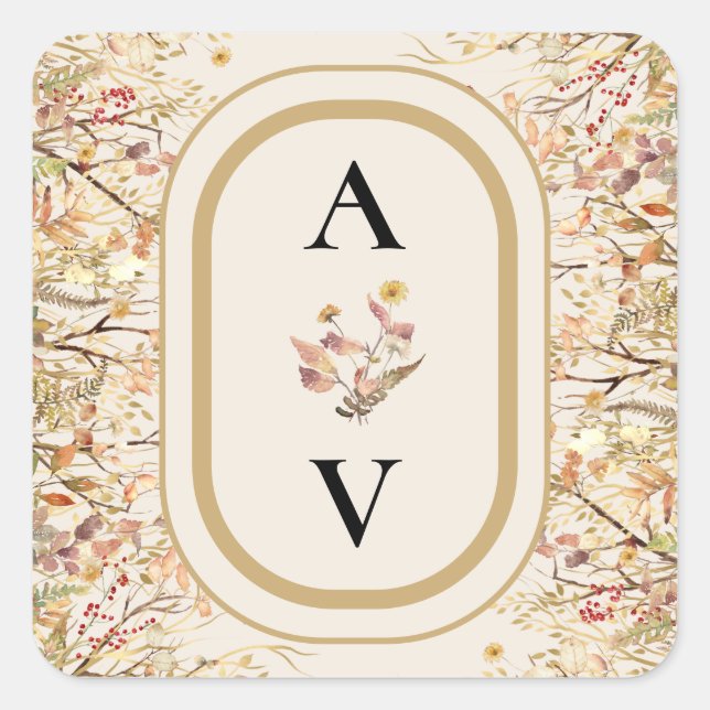 Elegantes Rustic Fall Beige Wedding Monogram Quadratischer Aufkleber (Vorderseite)