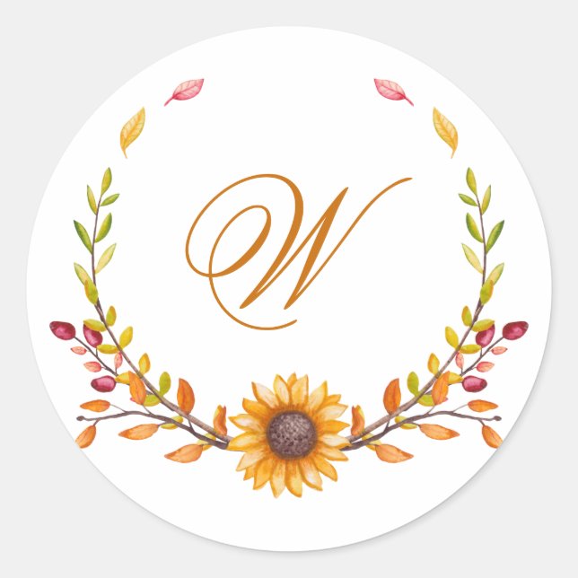 Elegantes Rustic Fall Floral Bouquet Monogramm Runder Aufkleber (Vorderseite)
