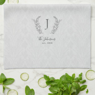 Elegantes rustikales botanisches Lorbeer-Monogramm Geschirrtuch