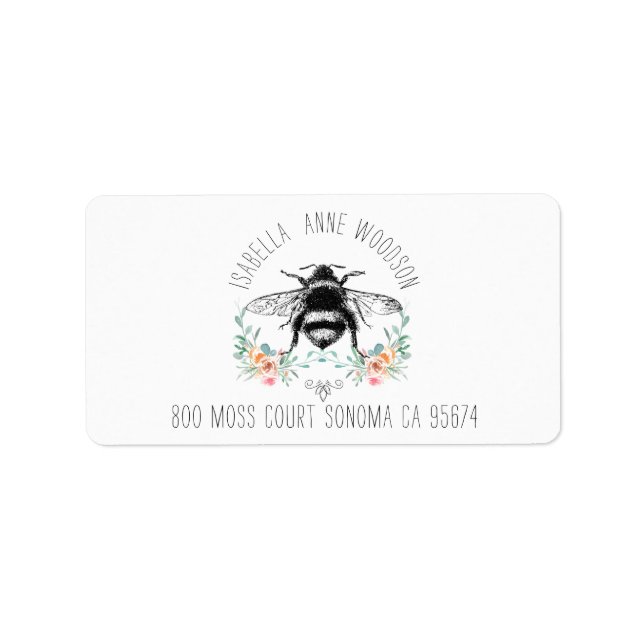 Elegantes Rustikales Floral Bee Return Label Adressaufkleber (Vorne)