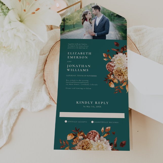 Elegantes rustikales Foto Hochzeit All In One Einladung (Elegant Rustic Teal Floral Photo Wedding All In One Invitation by Painted Paperie
)