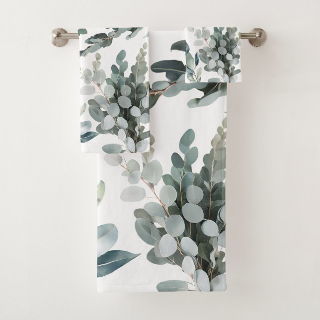 Elegantes Rustikales Grün Eukalyptus Blätter Badhandtuch Set (Insitu)