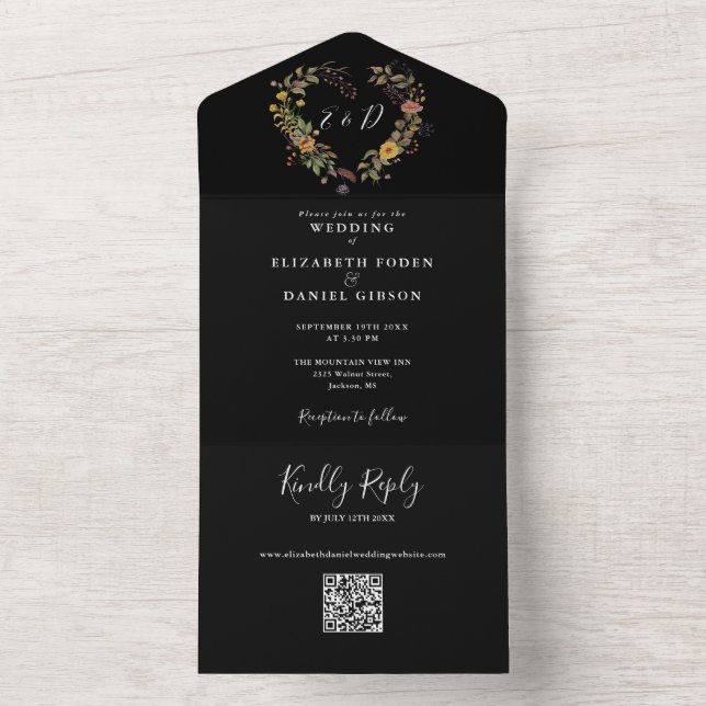 Elegantes Rustikales Herz QR Code Hochzeit All In One Einladung (Innen Boden)
