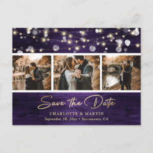 Elegantes Rustikales Holz Lila Gold Foil Hochzeits Ankündigungspostkarte