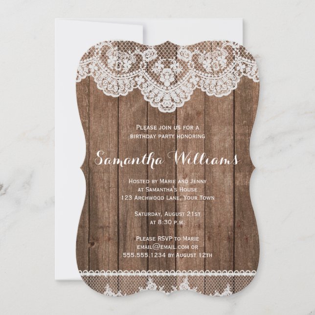 Elegantes Rustikales Holz & Spitzen Geburtstag Einladung (Vorderseite)