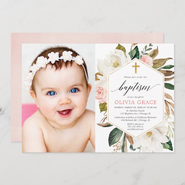 Elegantes rustikales Laubmädchen-Taufe-Foto Einladung (Vorne/Hinten)
