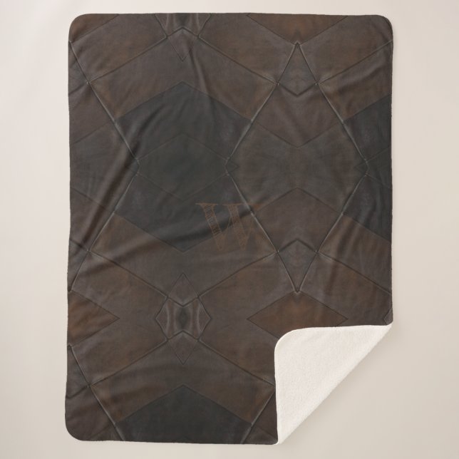 Elegantes Rustikales Mit Monogramm Brown Leather Sherpadecke (Vorderseite)