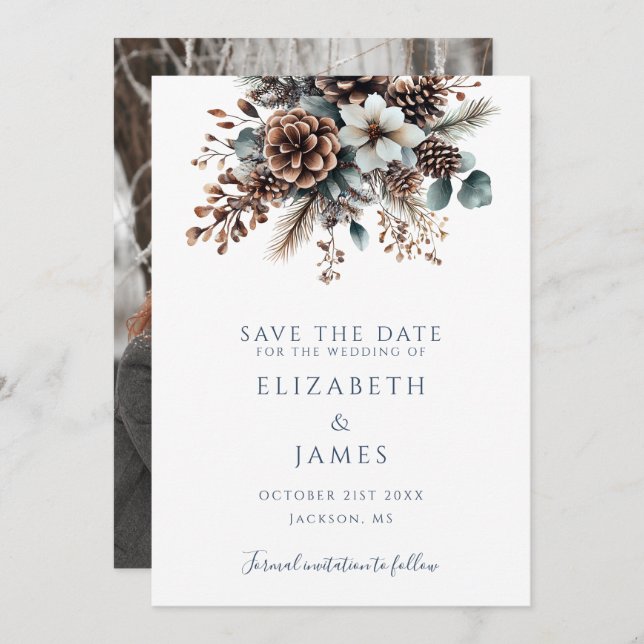 Elegantes Rustikales Pinecones Foto Hochzeit Save The Date (Vorne/Hinten)