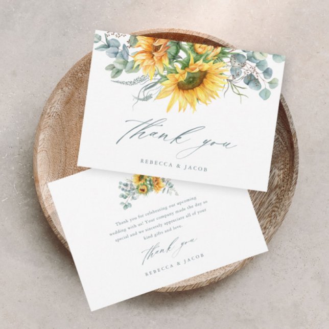 Elegantes rustikales Sonnenblumen-Brautparty Dankeskarte (Elegant rustic sunflower eucalyptus wedding bridal shower thank you card.)