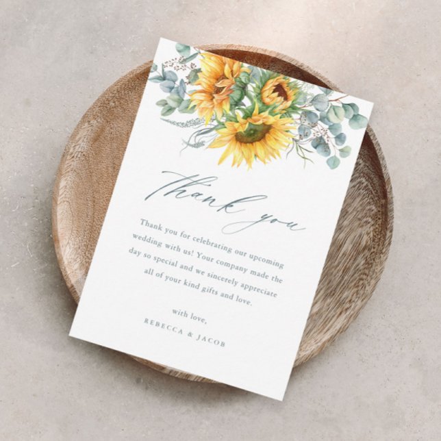 Elegantes rustikales Sonnenblumen Brautparty Viele Einladung (Elegant sunflower eucalyptus bridal shower thank you card with modern handwritten script.)