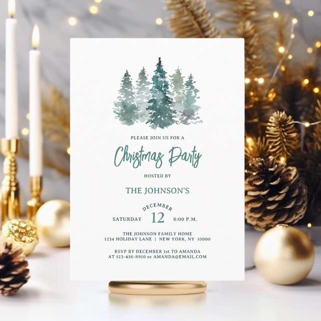 Elegantes Rustikales Spruce Pine Tree Weihnachtsfe Einladung (Watercolor Rustic Spruce Pine Tree Christmas Party Invitation)