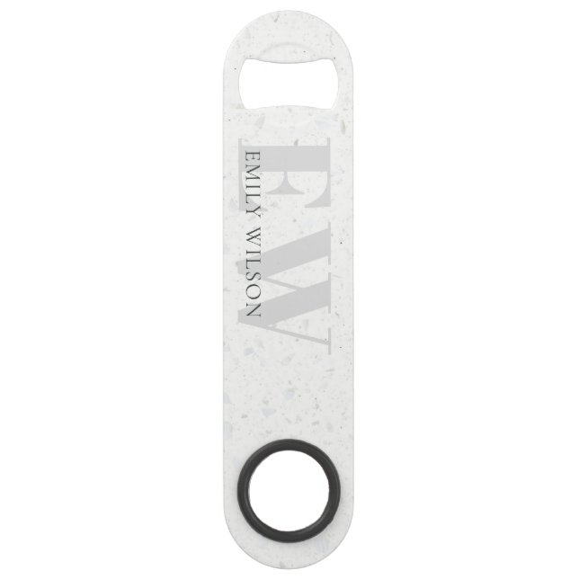 Elegantes rustikales Terrazzo Stone Gray Name Mono Speed Flaschenöffner (Vorderseite)