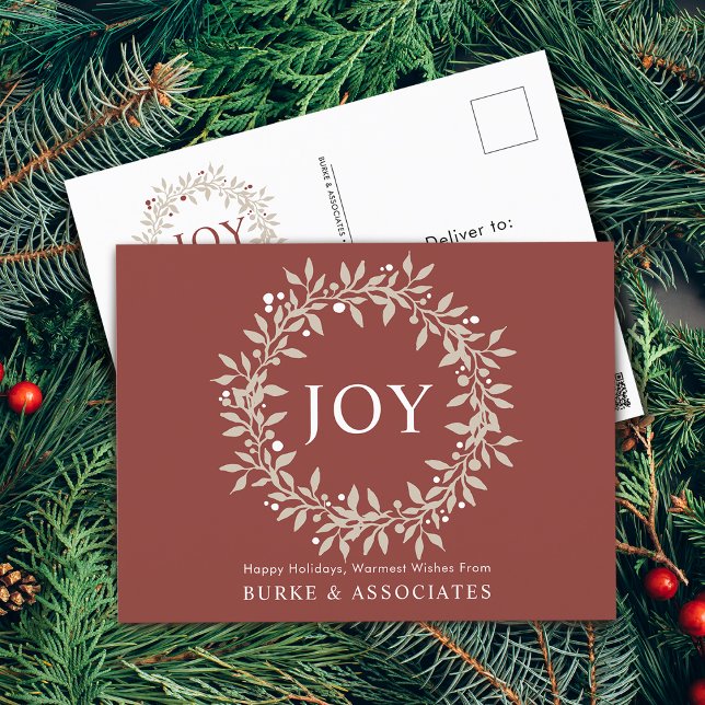 Elegantes Rustikales Werbeunternehmen Feiertagspostkarte (Elegant Rustic Wreath Joy Business Holiday Postcard)