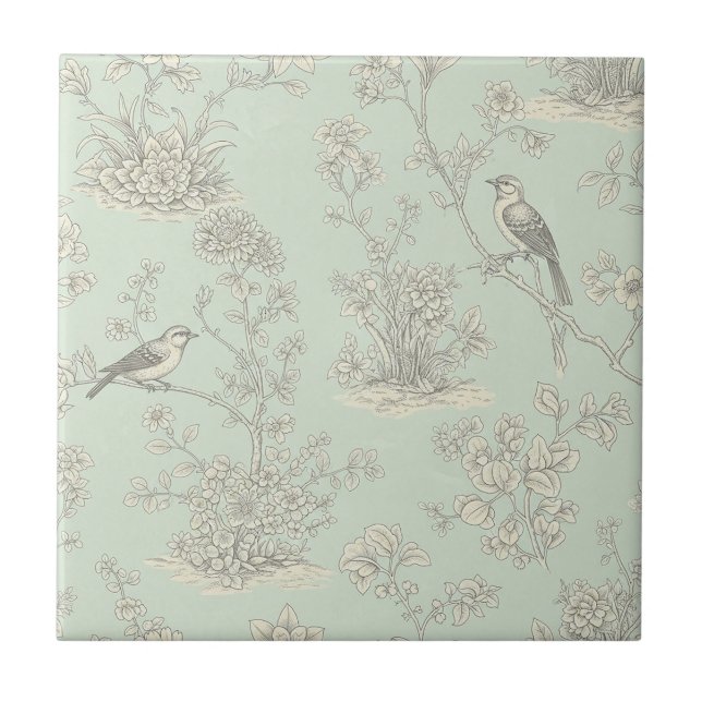 Elegantes Sage Bird Botanisches Toile-Muster Fliese (Vorderseite)